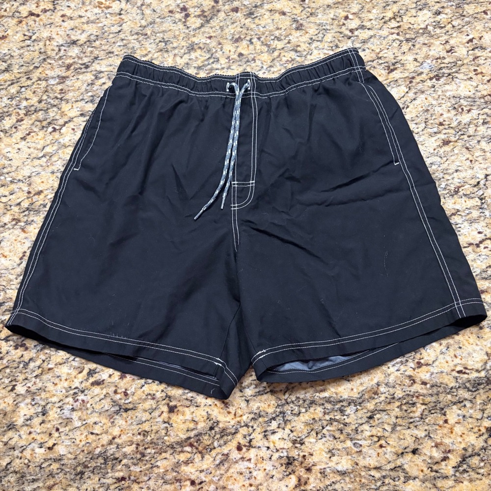 Mens Black Board Shorts Swim Trunks White Contrast Stitch Mesh Liner XL